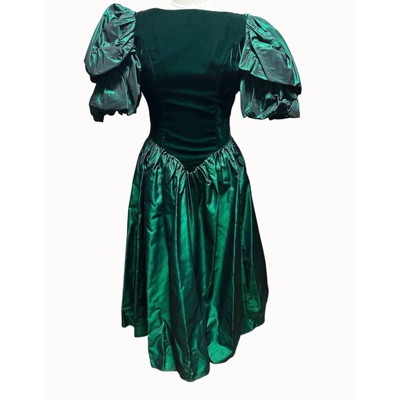 Vintage 80s ILGWU Emerald Green Velvet Taffeta Puff Sleeve Dress USA 7 - Picture 10 of 10